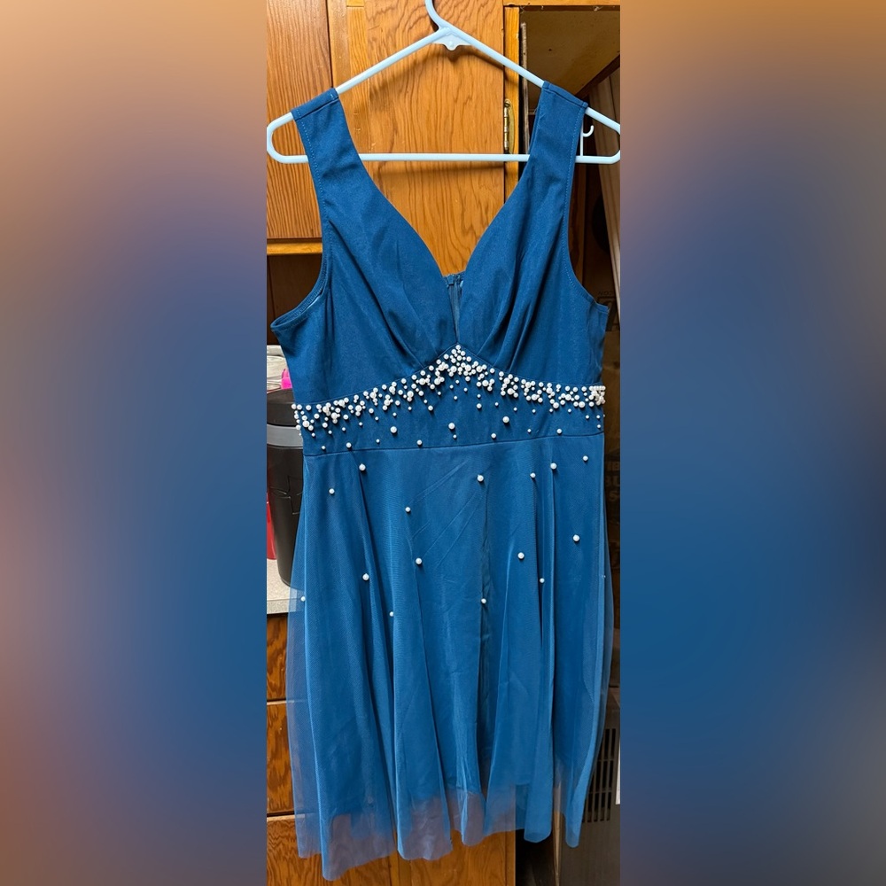 Elegant Blue Dress with Pearl Embellishments